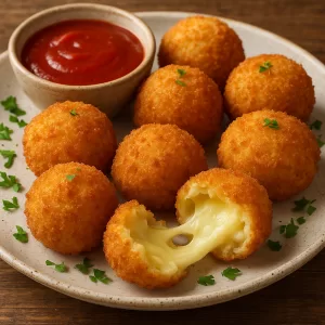 Crispy golden cheesy stuffed potato balls served on a white plate with a side of ketchup.