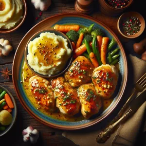Plate of creamy garlic butter glazed chicken breasts with mixed vegetables and mashed potatoes.