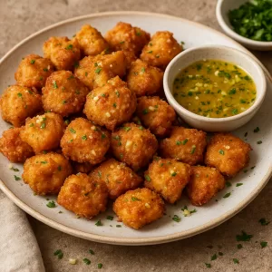 Plate of crispy golden fried hush puppies with a bowl of creamy dipping sauce on the side.