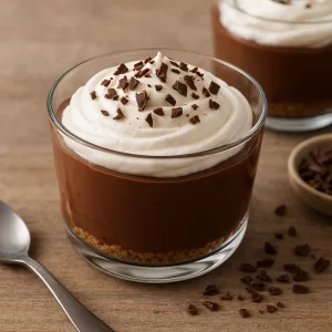Creamy no-bake chocolate mousse topped with whipped cream and chocolate shavings in a glass.