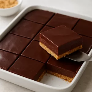 Homemade 3-ingredient chocolate fudge squares with graham cracker crust in a white baking dish.