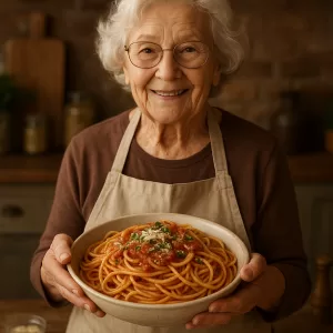 Elderly woman smiling, holding a bowl of spaghetti with tomato sauce, showcasing grandma’s secret pasta recipe.