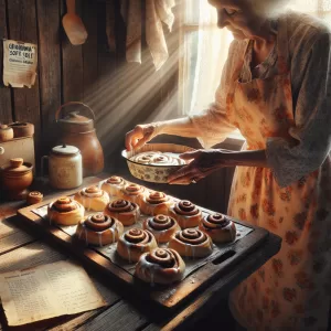 Woman in rustic kitchen baking Grandma’s soft cinnamon rolls with warm sunlight streaming through the window.