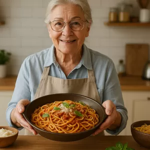Elderly woman smiling and presenting a bowl of homemade spaghetti in a cozy kitchen, showcasing grandma’s secret pasta recipe