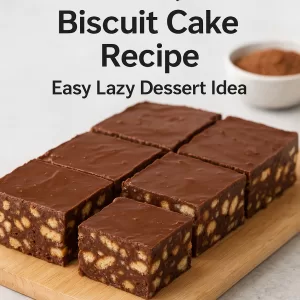 No-Bake Chocolate Biscuit Cake topped with rich chocolate, showcasing crunchy biscuit layers, an easy lazy dessert idea.