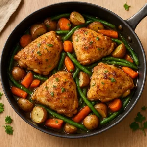 Skillet with golden-brown chicken thighs, roasted baby potatoes, carrots, and green beans for an easy one pan chicken dinner.