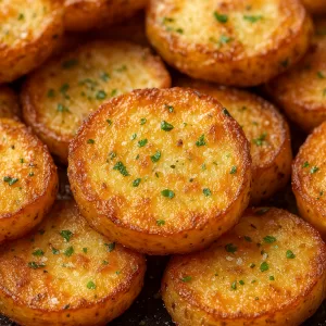 Close-up of crispy golden roasted potato slices garnished with fresh herbs, showcasing the crispiest potatoes ever.