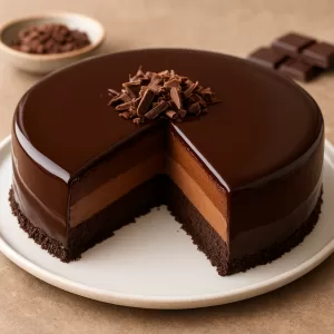 No-bake triple chocolate mousse cake with dark, milk, and white chocolate layers topped with glossy mirror glaze and chocolat
