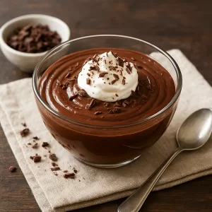 Creamy no oven chocolate dessert in a glass bowl topped with whipped cream and chocolate shavings.
