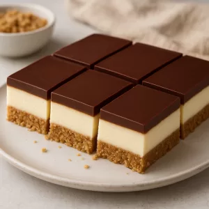 Ultra-creamy no-bake layered dessert with chocolate and vanilla cheesecake bars on a crumbly biscuit base.