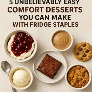 Assorted easy comfort desserts including cherry pie, peanut butter cookie, brownie, ice cream, and crumble made from fridge s