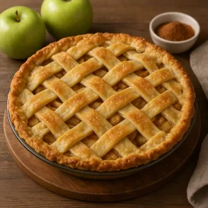 Homemade lattice-top apple pie with golden crust, fresh green apples, and a sprinkle of cinnamon on a rustic wooden table.