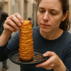 Woman holding a tall stack of crispy layered potato chips on a black plate, showcasing a potato tower.