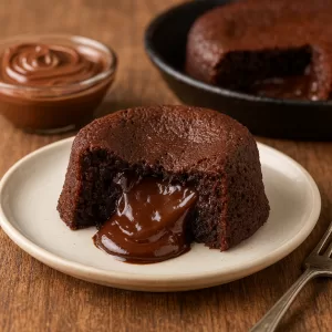 Molten Nutella chocolate cake with a rich, gooey center melting on a white plate.