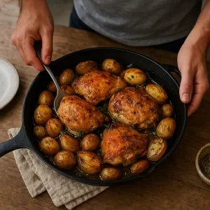 Skillet with golden crispy chicken thighs, roasted baby potatoes, and fresh herbs in one-pan chicken recipe.