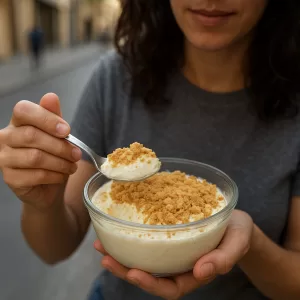 Woman enjoying a bowl of no-bake creamy dessert topped with crushed cookies outdoors.