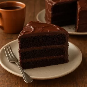 Slice of rich three-layer 1970s chocolate cake with chocolate frosting on a plate beside a cup of coffee.