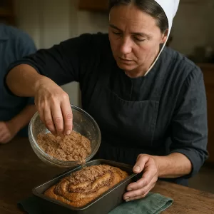 Amish woman in traditional clothing preparing cinnamon swirl bread in a cozy kitchen setting.
