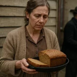 Woman in vintage clothing holding a freshly baked loaf of Depression Era peanut butter bread without yeast.