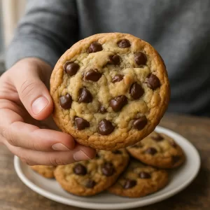 Plate of ultra-soft chocolate chip cookies with one cookie held in hand, showcasing their chewy texture.
