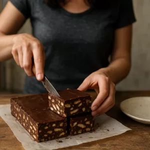Person cutting homemade no-bake chocolate biscuit cake fudge squares on parchment paper.